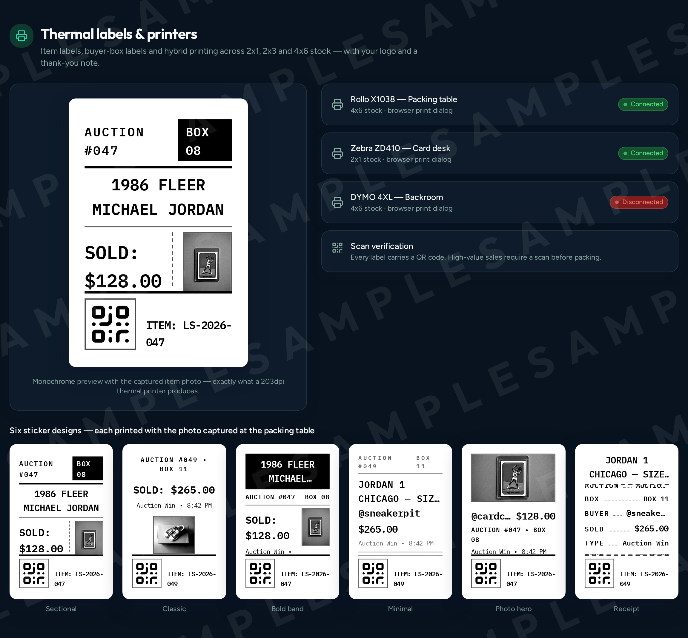 BinBoss thermal label previews and printer list