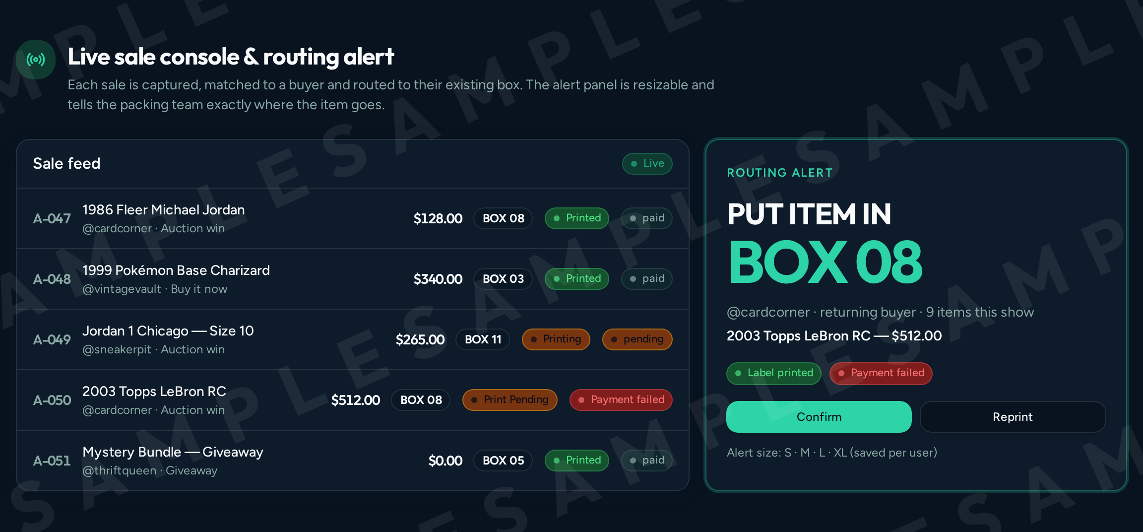 BinBoss live sale console showing sales routed to numbered buyer boxes with printed, printing and pending label statuses